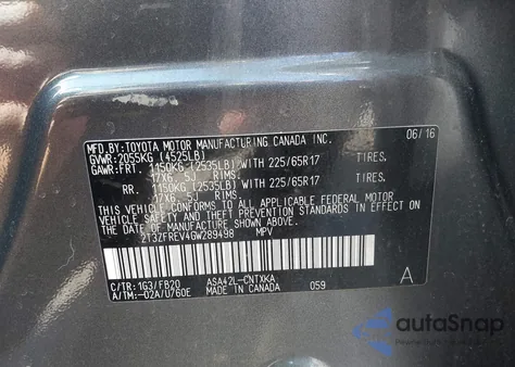 2016 Toyota Rav4 Le из США, поврежденный, VIN 2T3ZFREV4GW289498